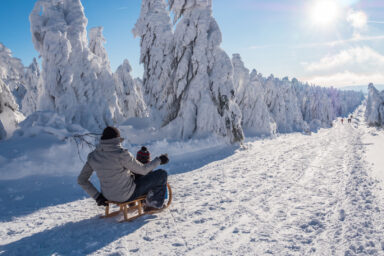 Eine Frau fährt mit ihrem Sohn Schlitten gegen die Sonne in einer herrlichen Winterlandschaft.